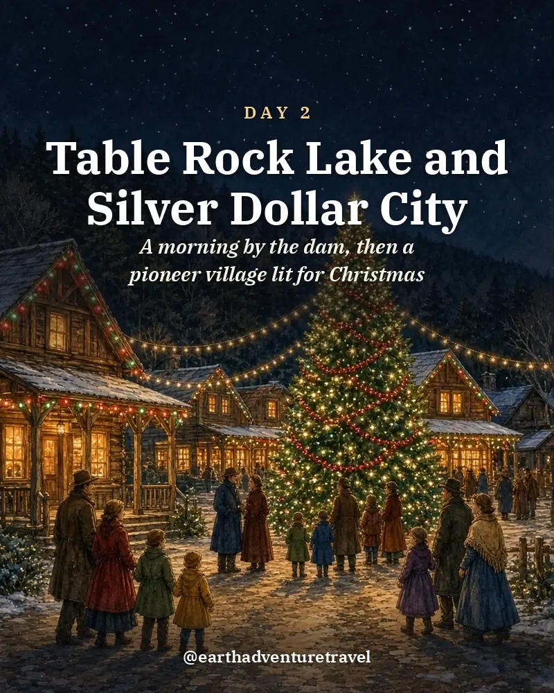 Illustrated day card: A morning by the dam, then a pioneer village lit for Christmas