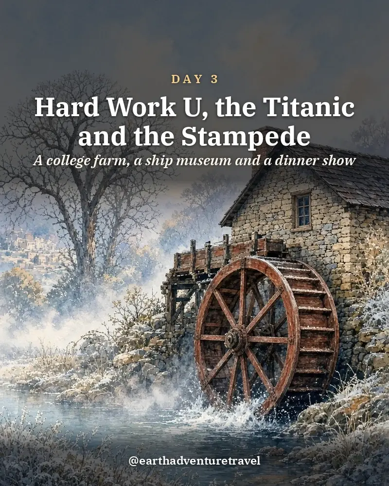 Illustrated day card: A college farm, a ship museum and a dinner show