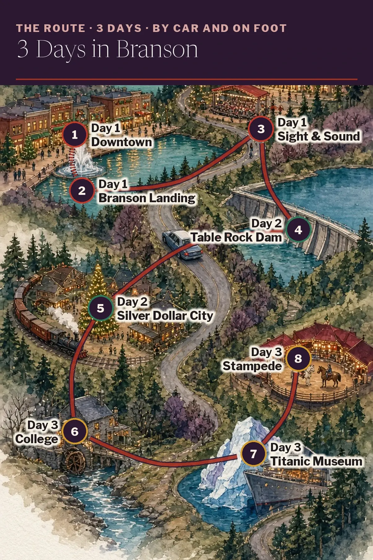 Illustrated route map: Historic downtown, Branson Landing, Sight & Sound Theatres, Table Rock Dam, Silver Dollar City, College of the Ozarks, Titanic Museum, Dolly Parton's Stampede