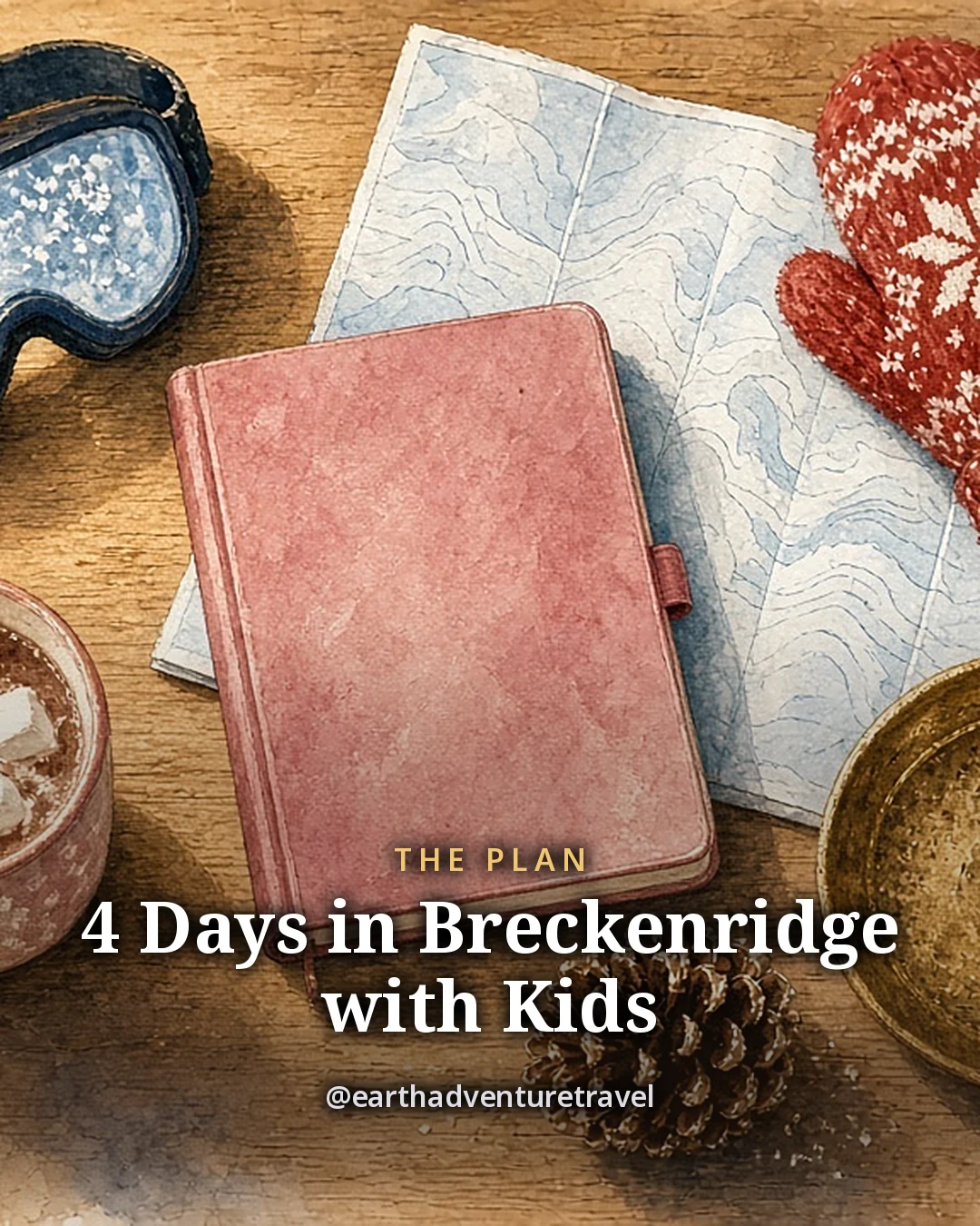 Illustration: a closed travel notebook, a folded blank map, a red knitted hat, kids’ mittens, ski goggles, a small gold pan and a mug of hot chocolate on a sunny wooden table, original illustrated plan card