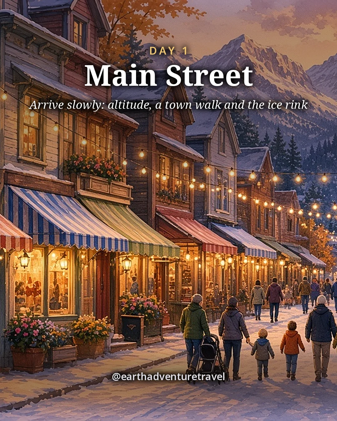 Illustration: a snowy Victorian main street of coloured wooden storefronts with string lights at dusk, kids pulling sleds, and white peaks behind, illustrated day card for Day 1