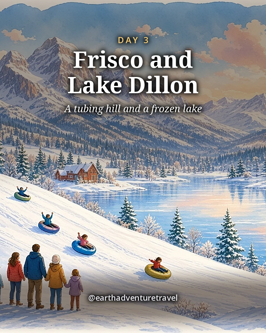 Illustration: a snowy tubing hill with lanes and kids on inner tubes above a wide frozen lake ringed by mountains, illustrated day card for Day 3