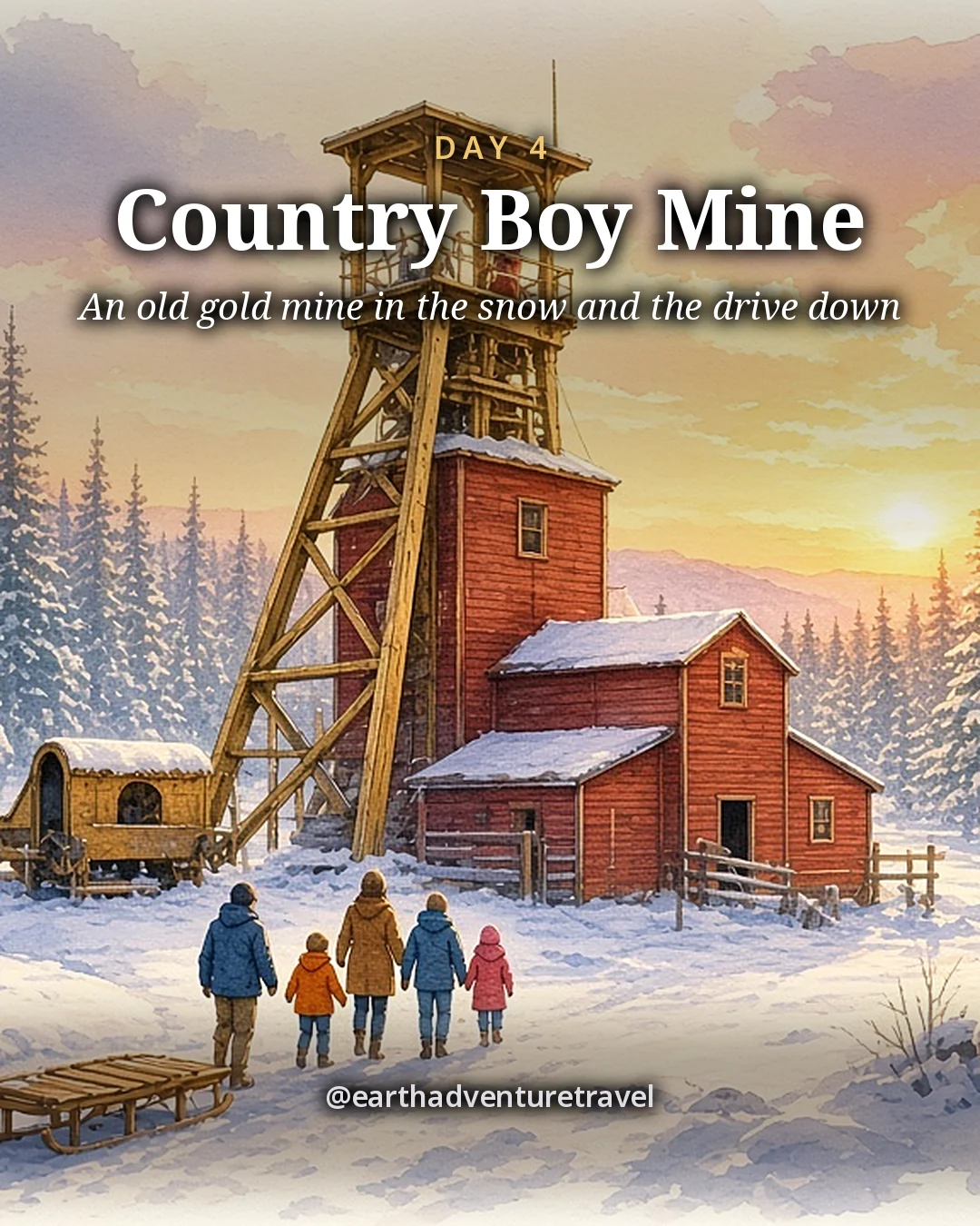 Illustration: a weathered wooden mine head-frame and ore chute in a snowy gulch with pine trees, mining carts and a warm cabin, illustrated day card for Day 4