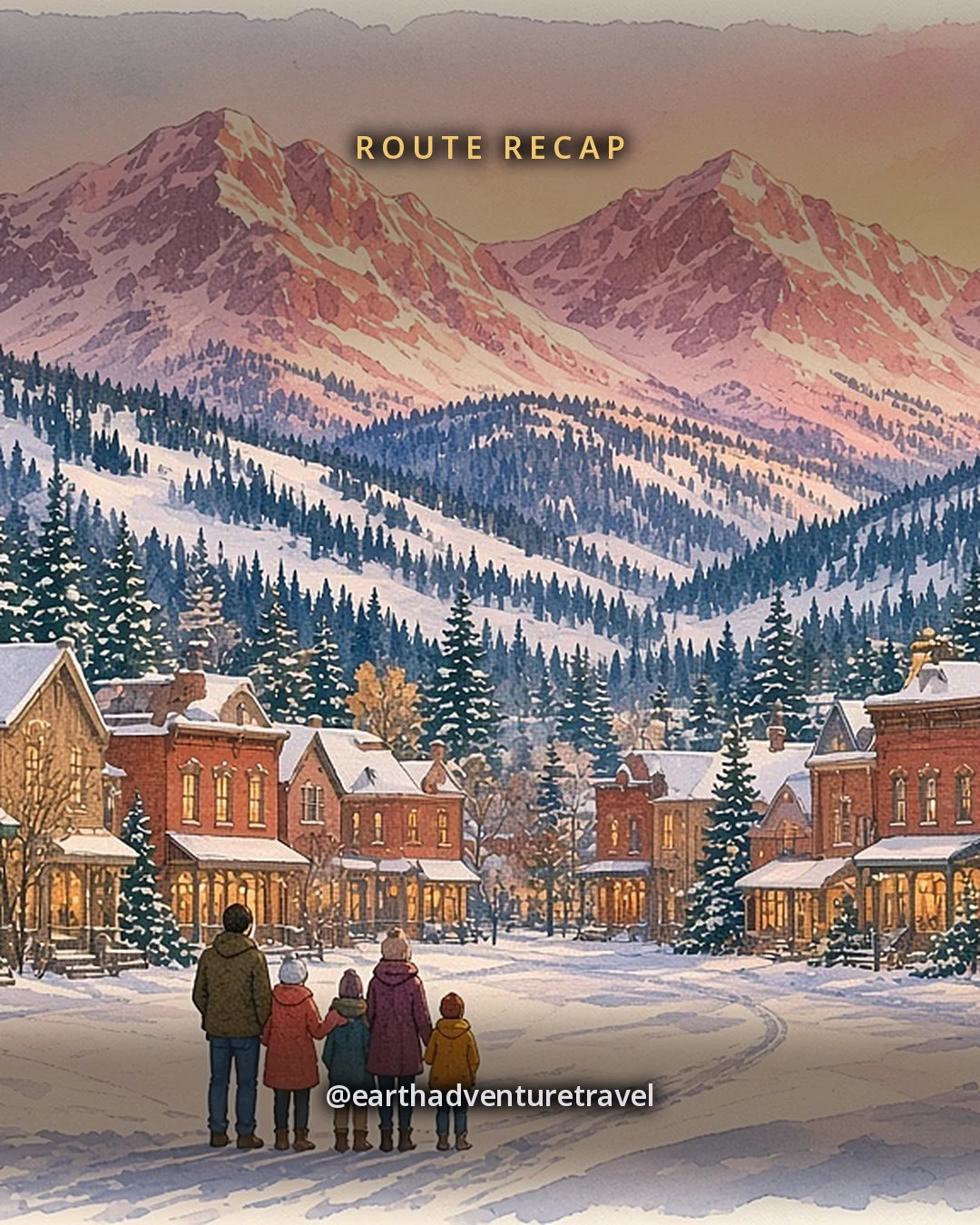 Illustration: Breckenridge at dusk in winter, a snowy Victorian street glowing with lights below dark evergreens and pink-lit white peaks, original illustrated recap card