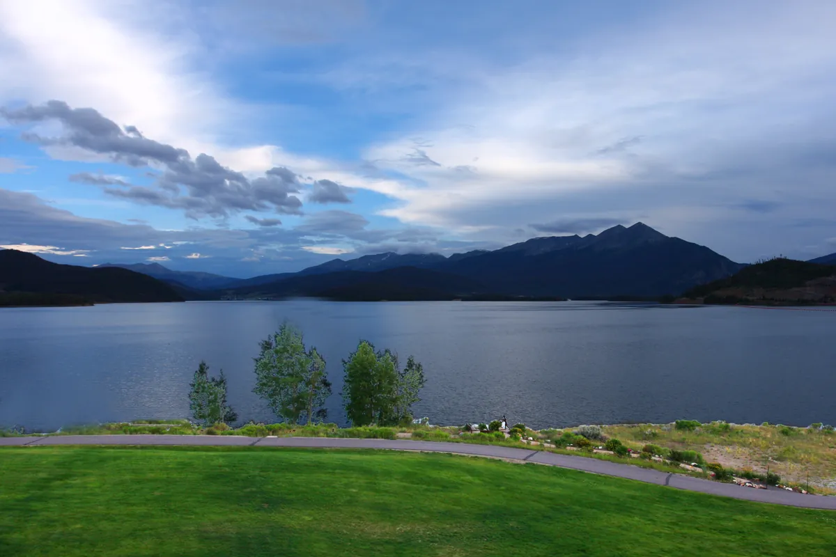Dillon Reservoir surrounded by mountains in Summit County