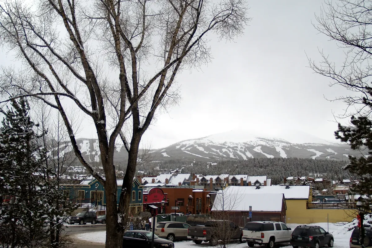 Breckenridge, Colorado, seen from the Summit County Courthouse with ski slopes behind