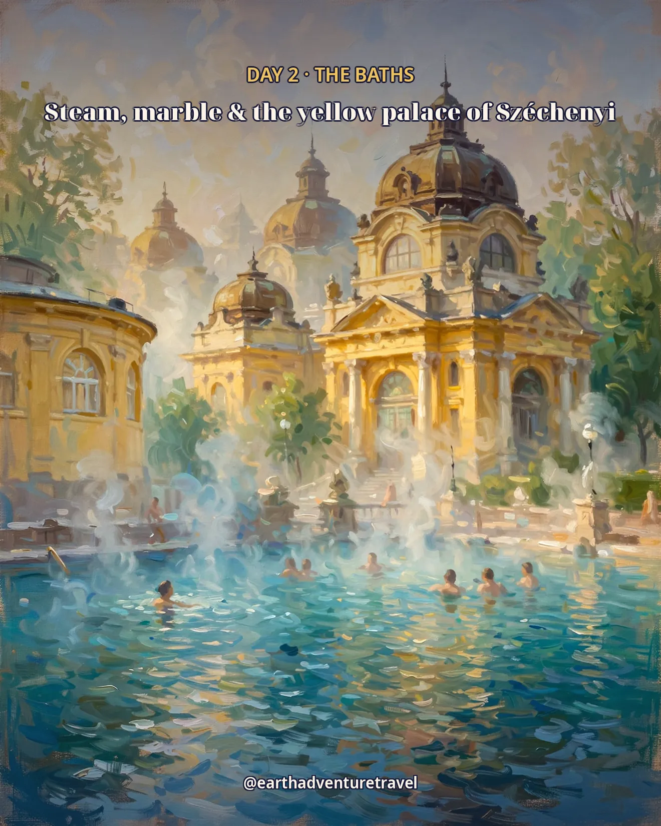 Day 2 itinerary card: the steaming outdoor pools of Széchenyi Baths
