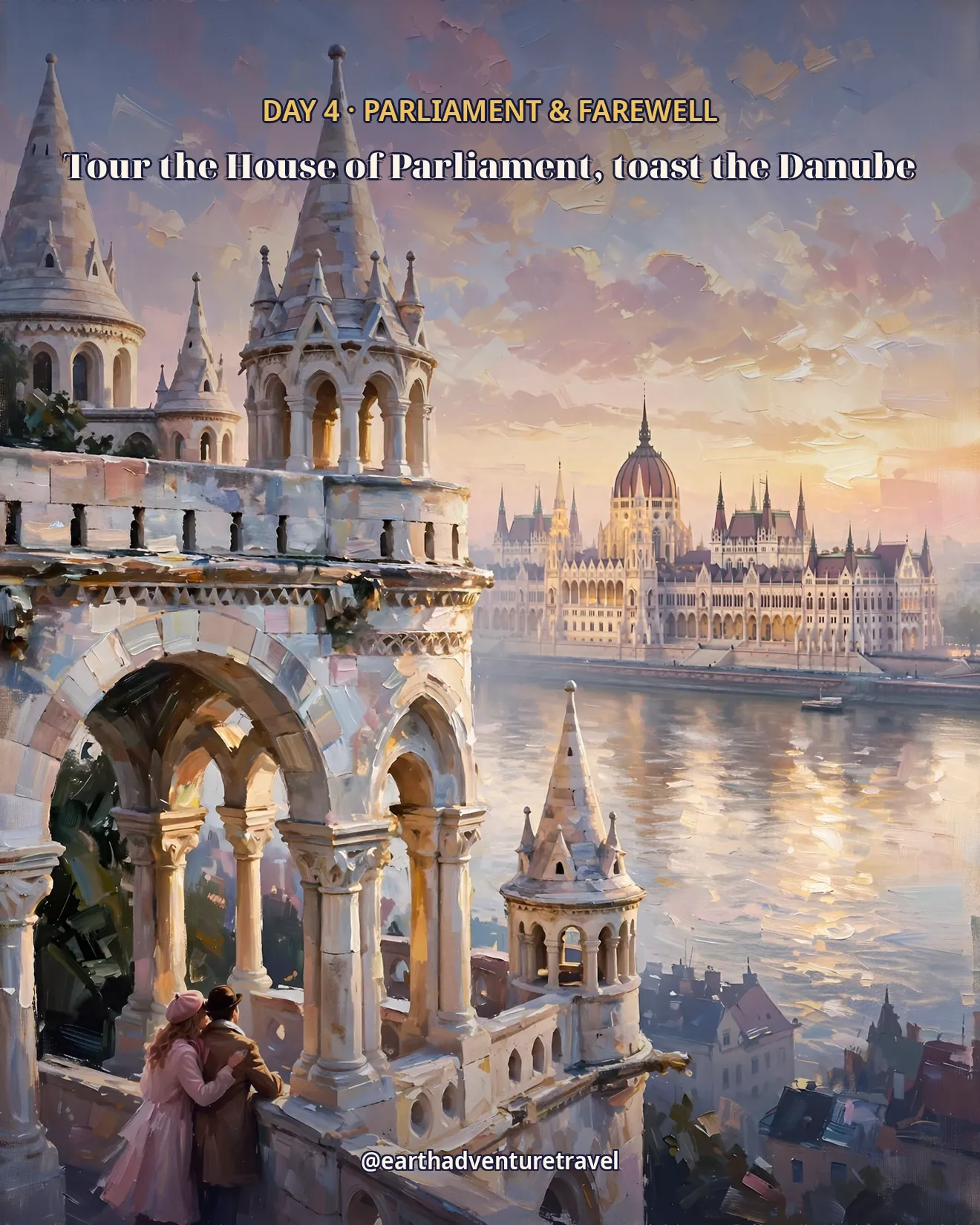 Day 4 itinerary card: Fisherman's Bastion at sunrise over the Parliament