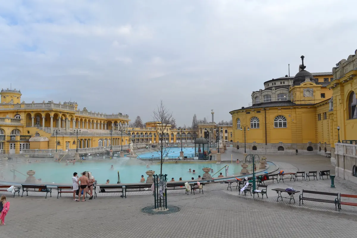 The steaming outdoor pools of Széchenyi Baths in Budapest
