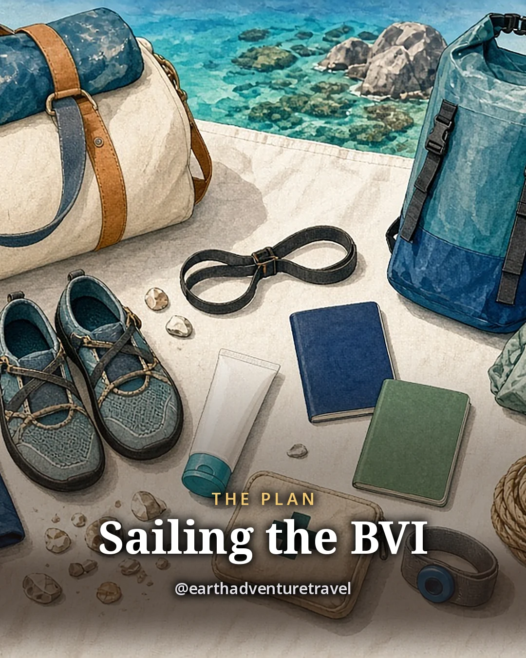 Illustration: a flat-lay on a white canvas sail-bag, a soft duffel, a rash guard, reef shoes, a dry bag, a headlamp, a light rain shell, a blank sunscreen tube, two passports with plain covers, a small first-aid pouch and a seasickness band, a coil of rope and a frangipani flower beside them, original illustrated plan card for 7 days in the British Virgin Islands