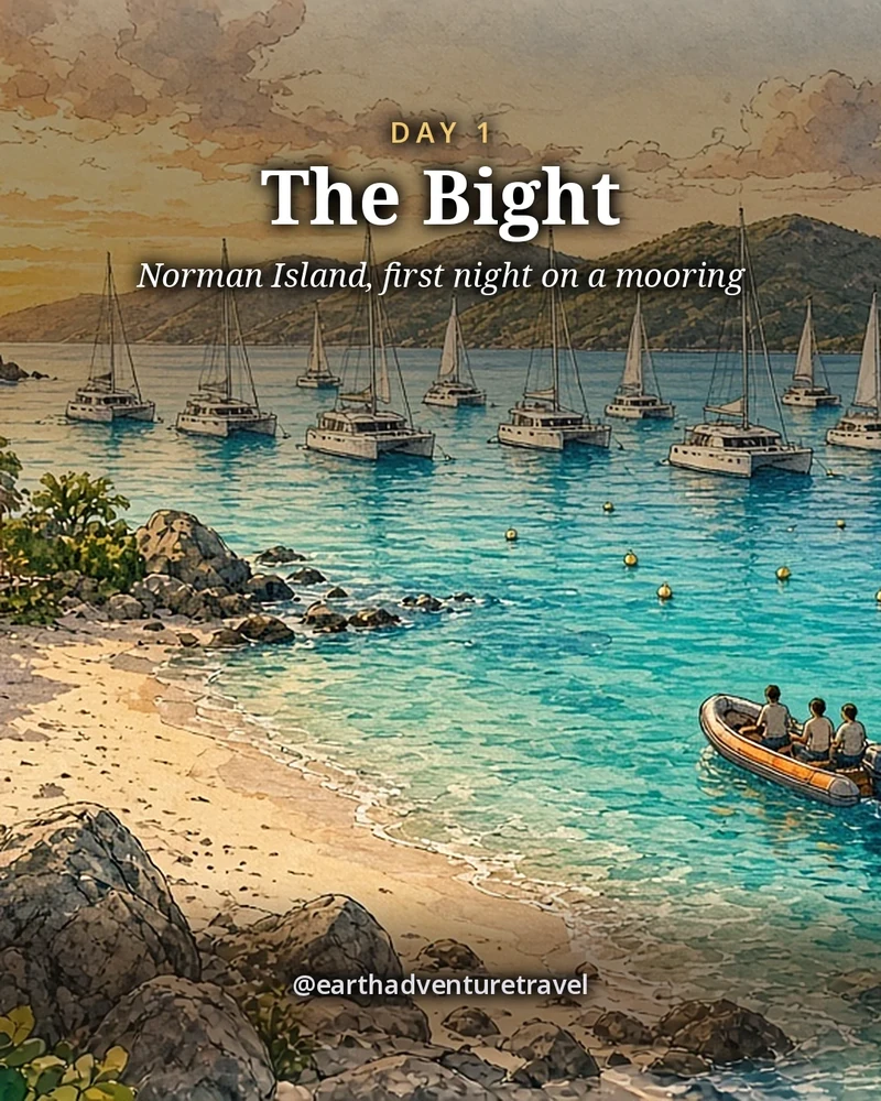 Illustration: late afternoon in the Bight at Norman Island, a wide sheltered bay ringed by green hills, catamarans and sloops on mooring balls, a palm-thatched beach restaurant on the sand, an old wooden schooner anchored as a floating bar and a dinghy of tiny faceless friends heading for the beach in golden light, illustrated day card for Day 1