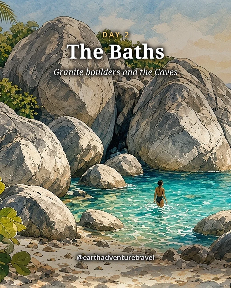 Illustration: The Baths on Virgin Gorda, huge smooth granite boulders at the edge of a white-sand beach, clear turquoise pools and light-filled passages between them, one small faceless swimmer wading between two boulders, sea-grape and palms above and a catamaran on a mooring offshore, illustrated day card for Day 2