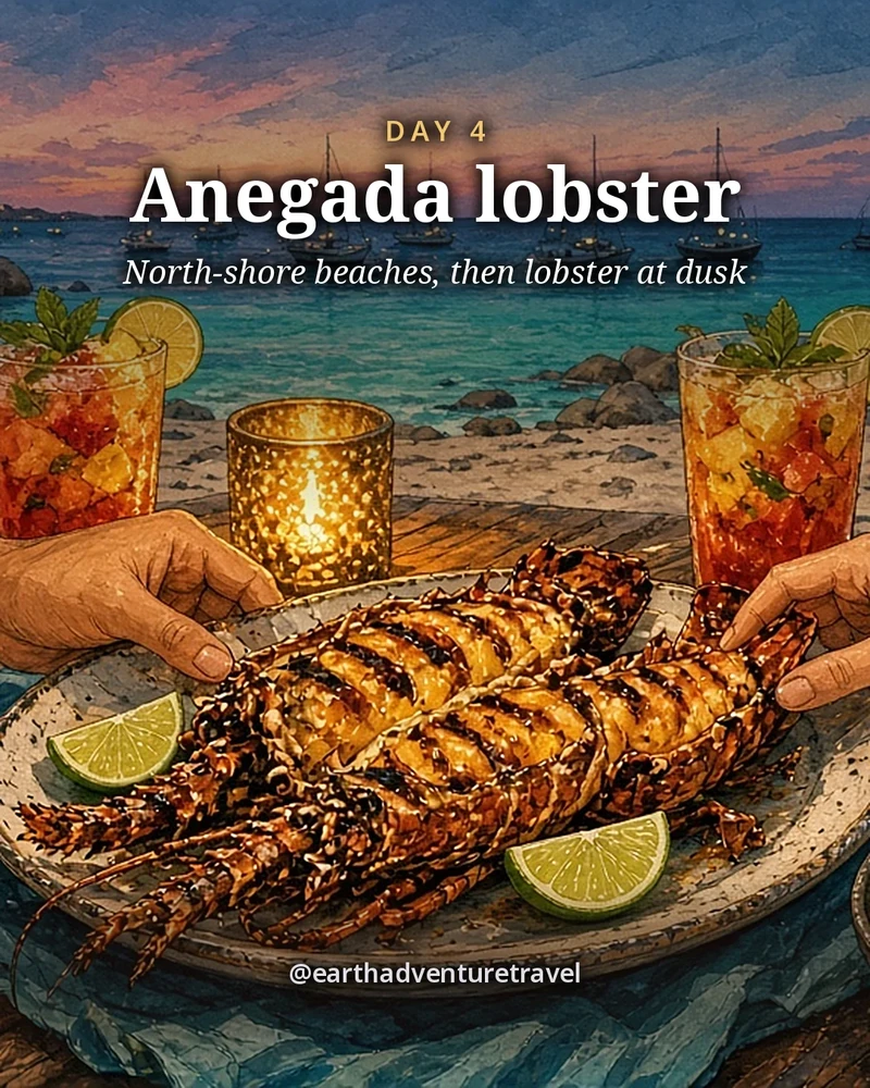 Illustration: hands of friends at a candle-lit beachside table at dusk on Anegada sharing a whole split grilled spiny lobster with drawn butter, lime wedges and coconut rice, glasses of fruit punch, a calm dark-teal anchorage with mast lights and a pink afterglow behind and a charcoal grill glowing on the sand, illustrated day card for Day 4