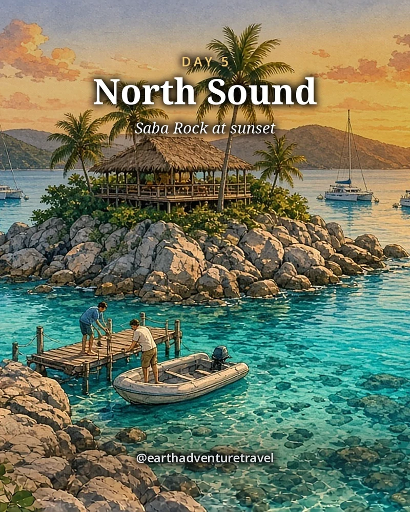 Illustration: the North Sound of Virgin Gorda at sunset, a tiny rocky islet crowned with a small open-air bar and palms in the middle of a wide turquoise sound, catamarans on moorings around it, green hills all round and small faceless friends tying a dinghy at the little dock in a mango glow, illustrated day card for Day 5