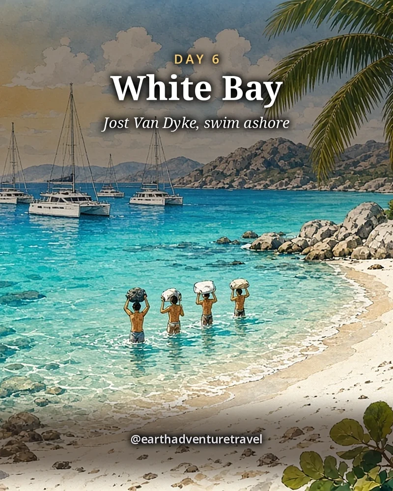 Illustration: White Bay on Jost Van Dyke, a curved white-sand beach with leaning palms and a weathered wooden beach bar, catamarans anchored in clear turquoise water just off the sand, small faceless friends wading ashore holding things above their heads and a hammock between two palms in bright midday light, illustrated day card for Day 6