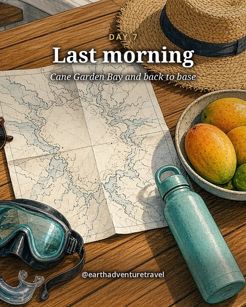 Illustration: a flat-lay on the sunny teak cockpit table of a charter catamaran, a folded blank nautical chart, a handheld radio with a blank face, sunglasses, a sunscreen tube with a blank label, a mask and snorkel, a coiled dock line, a bowl of mangoes and limes, a water bottle and a sun hat, a slice of turquoise anchorage at the edge, illustrated day card for Day 7