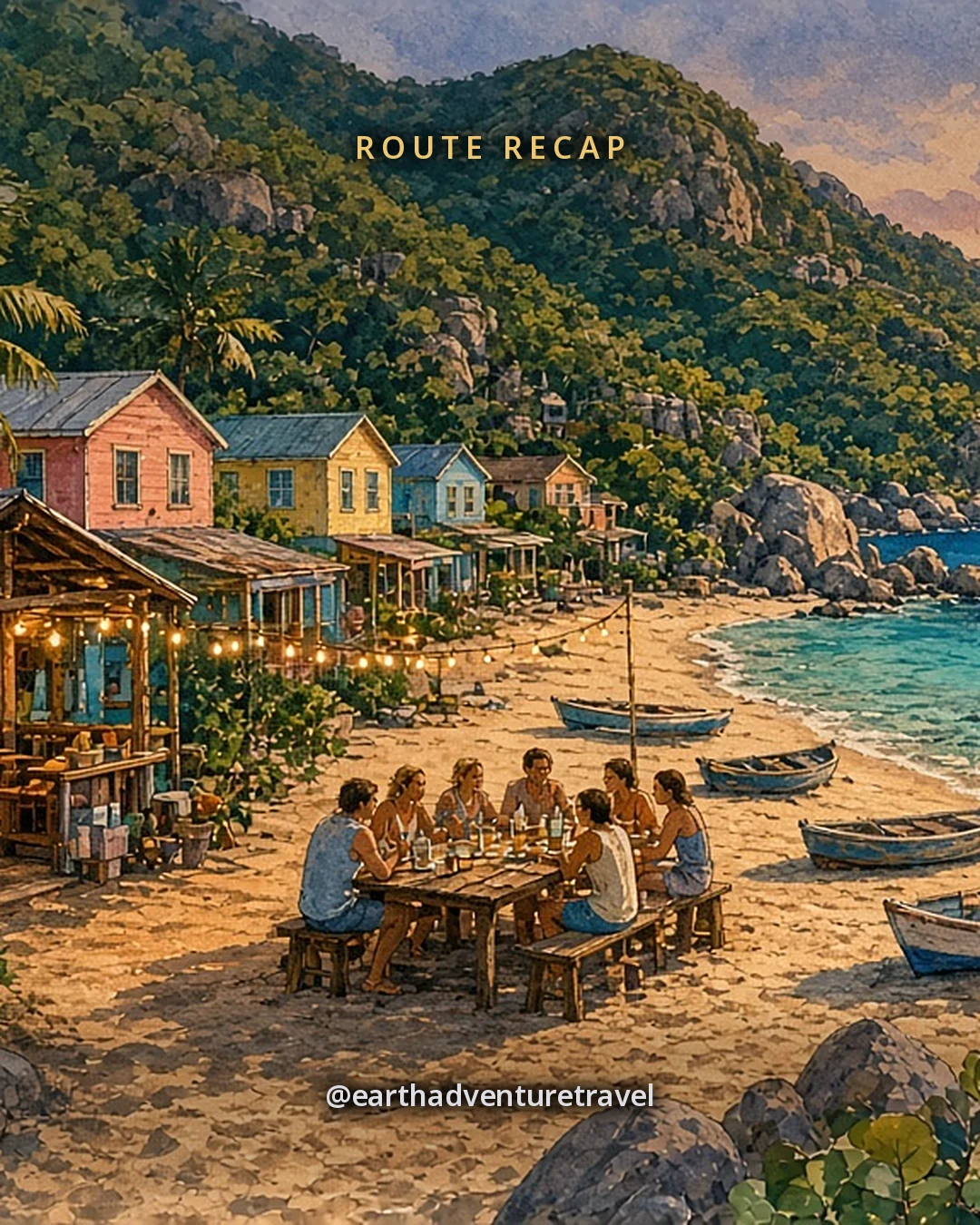 Illustration: golden evening in Great Harbour, Jost Van Dyke, a sandy single street of open-air wooden beach bars and pastel-coloured cottages under a steep green hill, dinghies pulled up on the sand and catamarans anchored in the harbour, small faceless friends at a long table under string lights on the sand, original illustrated recap card