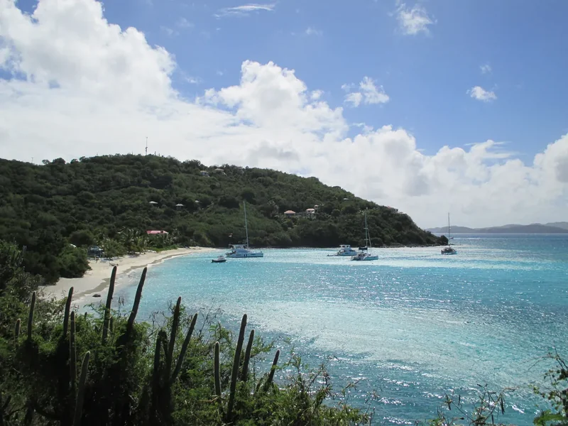 Great Harbour on Jost Van Dyke with boats at anchor and the hill behind