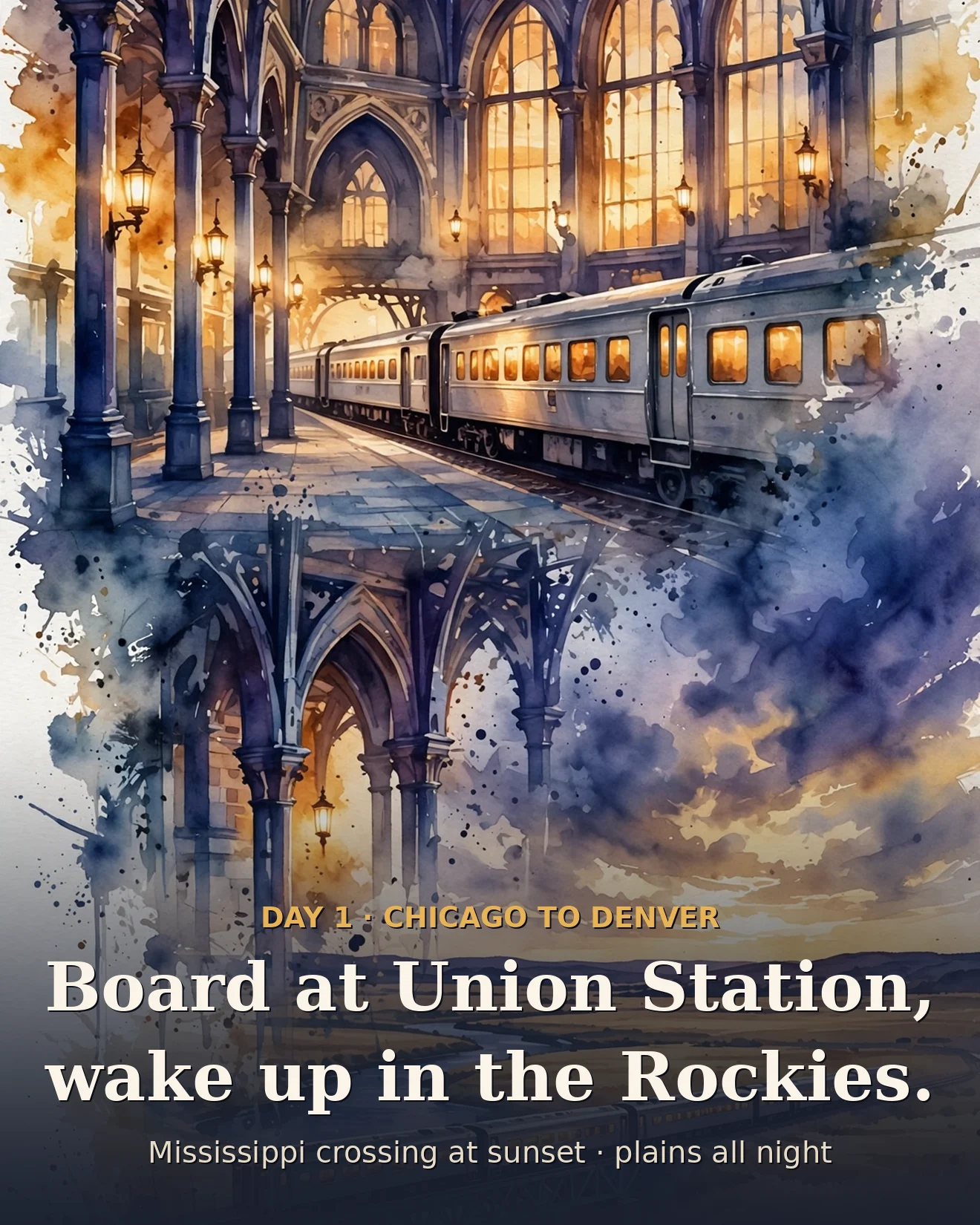 Illustration of a grand train station hall at dusk dissolving into golden prairie