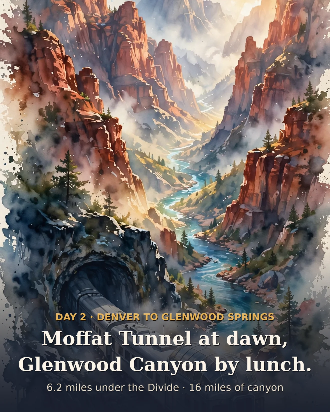 Illustration of a silver dome train bursting from a mountain tunnel into a red-rock river canyon
