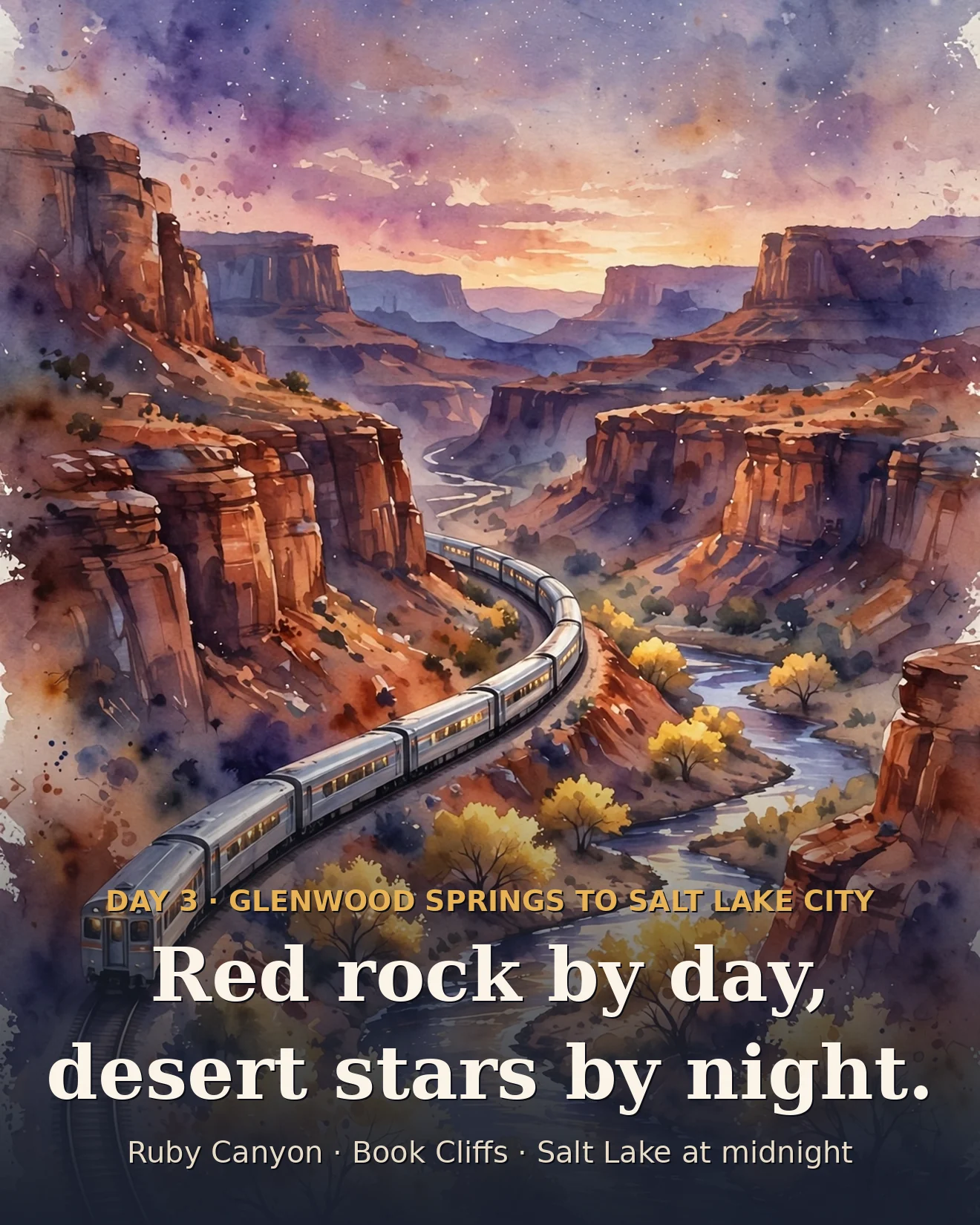 Illustration of a silver train curving beside a desert river at sunset under a starry sky
