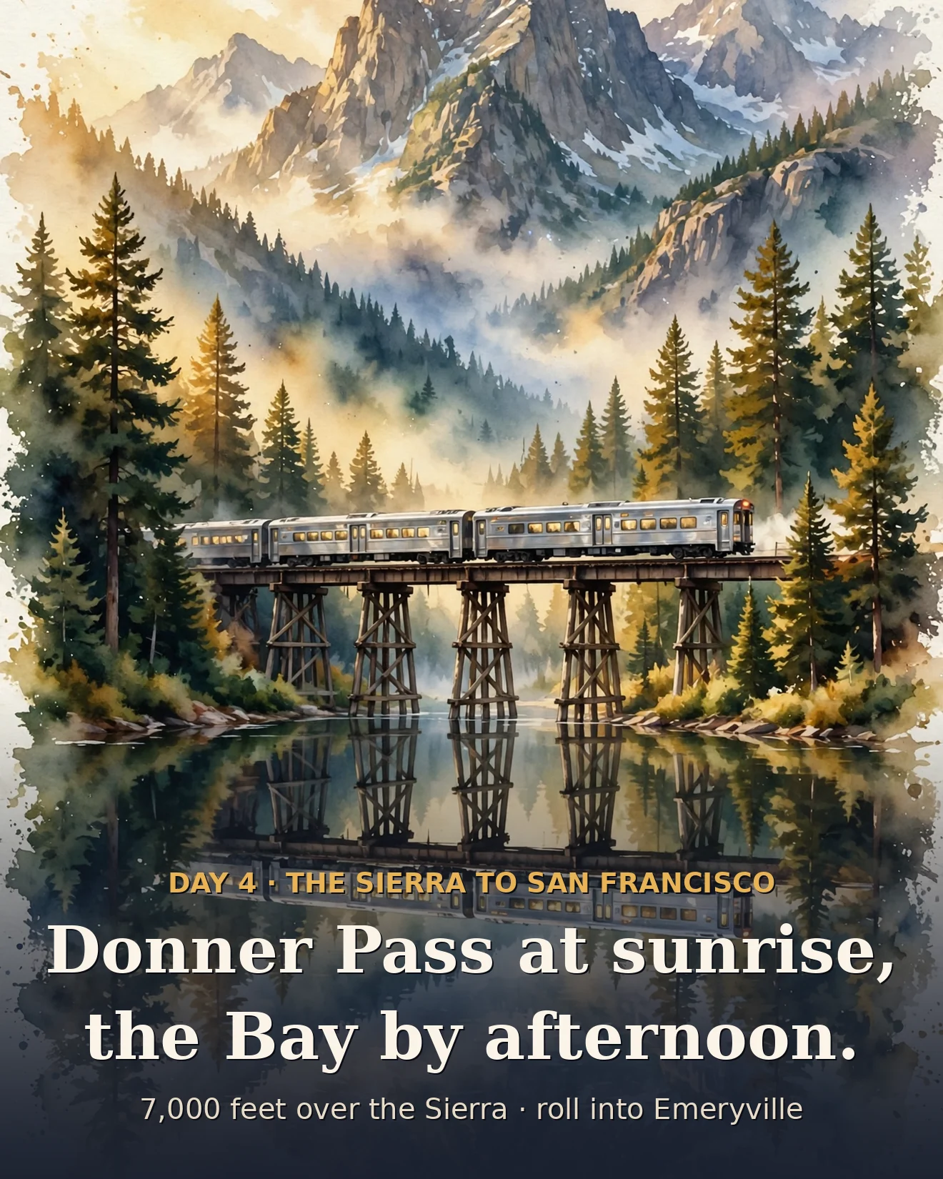 Illustration of a silver train crossing a trestle over an alpine lake beneath snowy Sierra peaks