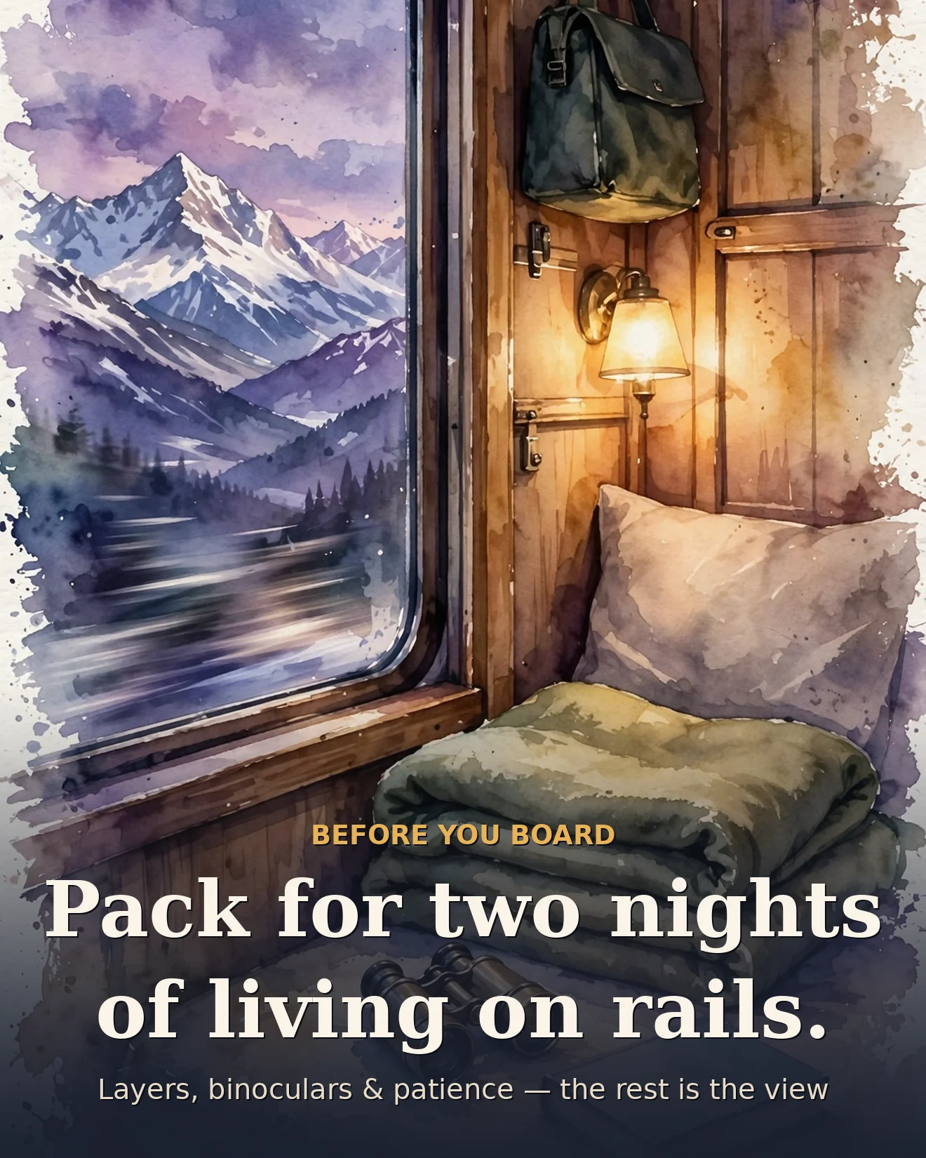 Illustrated packing guide: a cozy roomette interior with binoculars and mountain views
