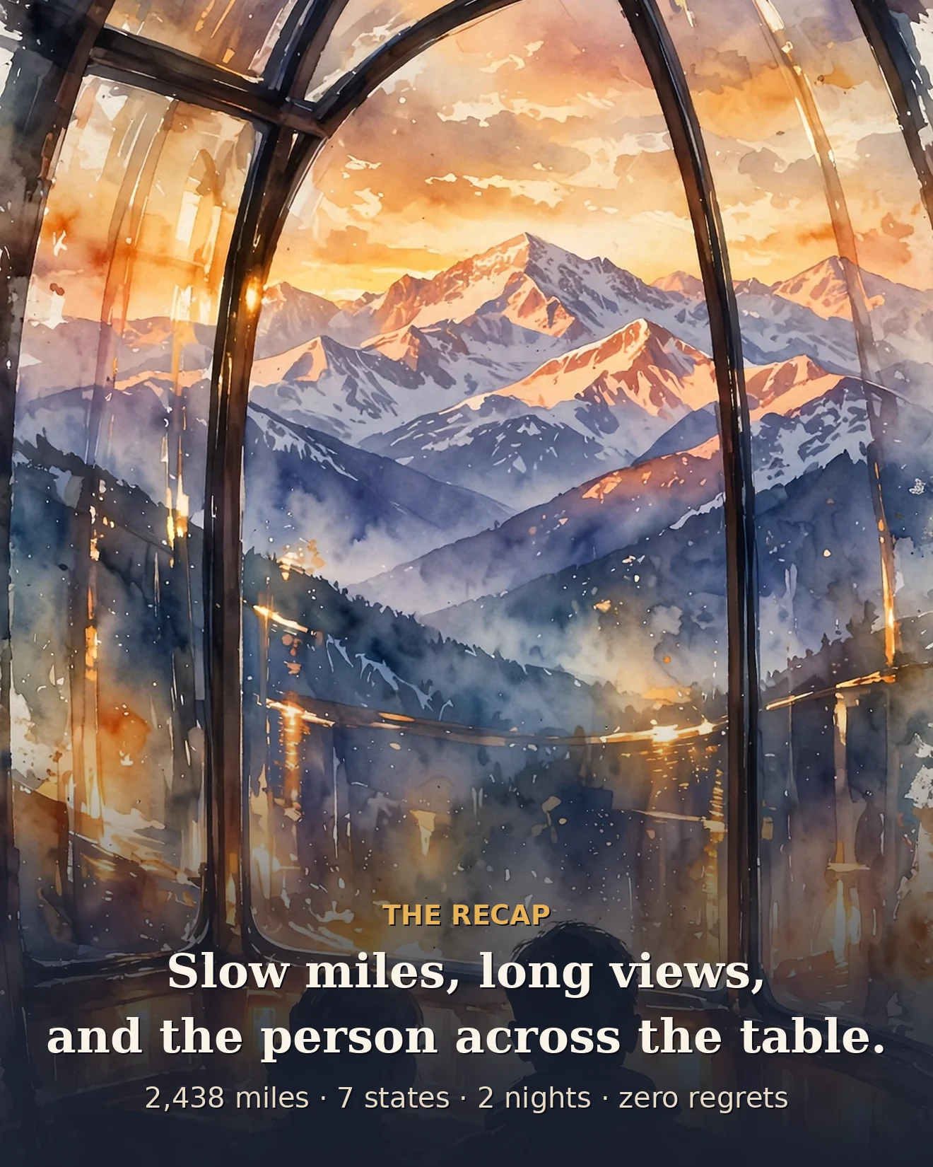 Illustration of two travelers watching mountain peaks from the train's glass observation dome at sunset