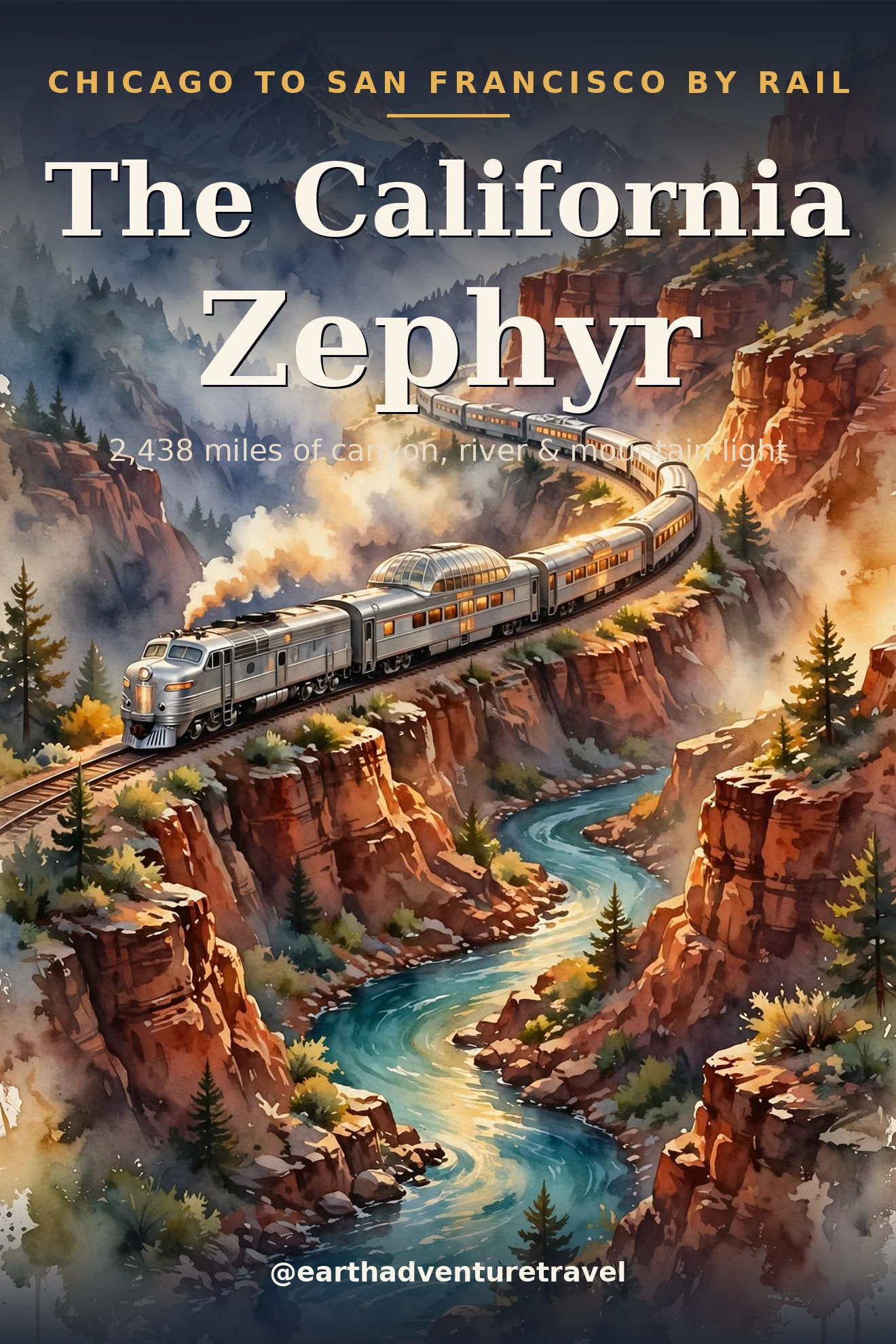 Illustrated cover: a silver dome train winding through a red-rock Rocky Mountain canyon at golden hour