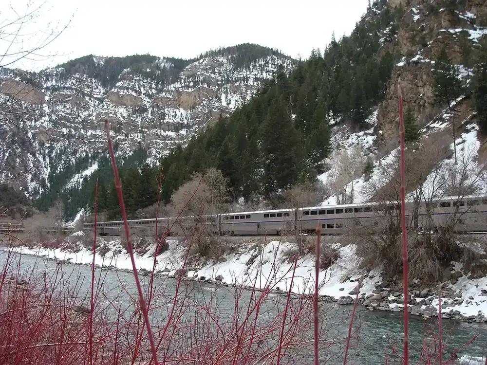 The California Zephyr running westbound through Glenwood Canyon