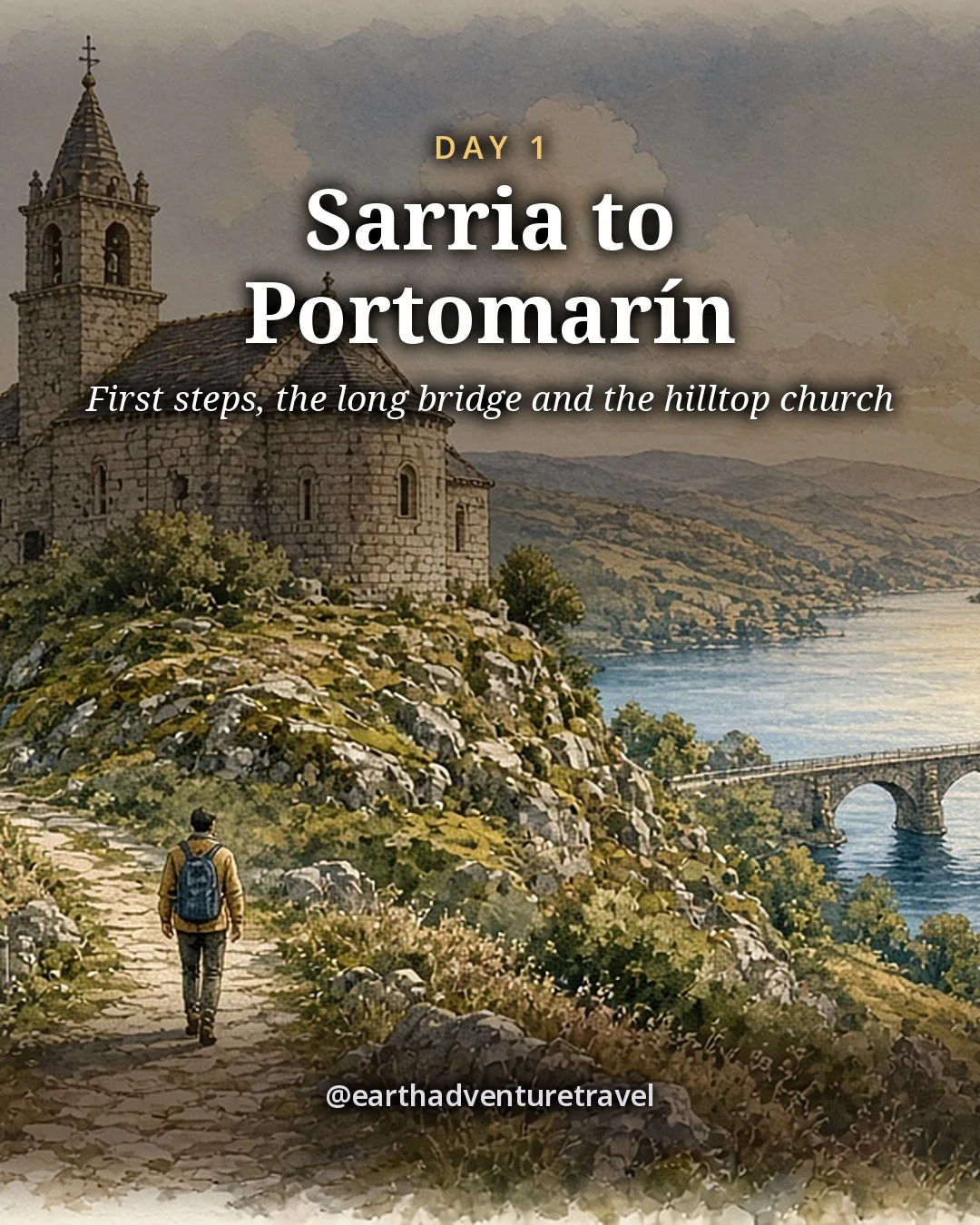 Illustration: a hilltop granite church above a broad reservoir with a long bridge and white houses with slate roofs, illustrated day card for Day 1