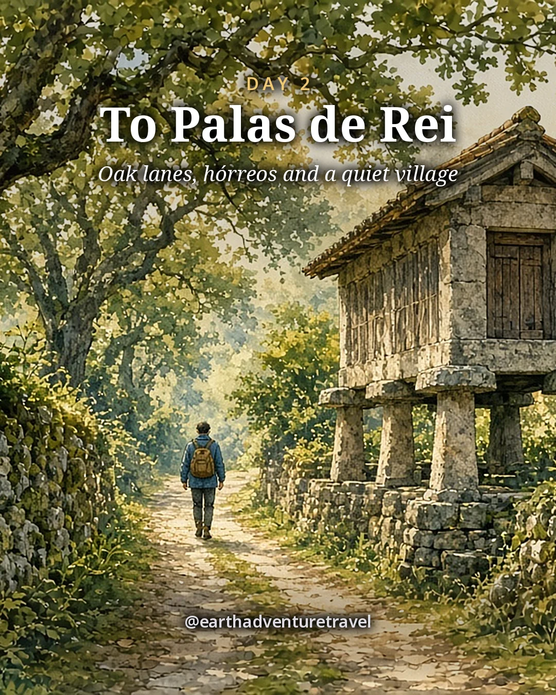 Illustration: a sunken lane between mossy stone walls and oak trees with a stone granary on stone legs beside a farmhouse, illustrated day card for Day 2
