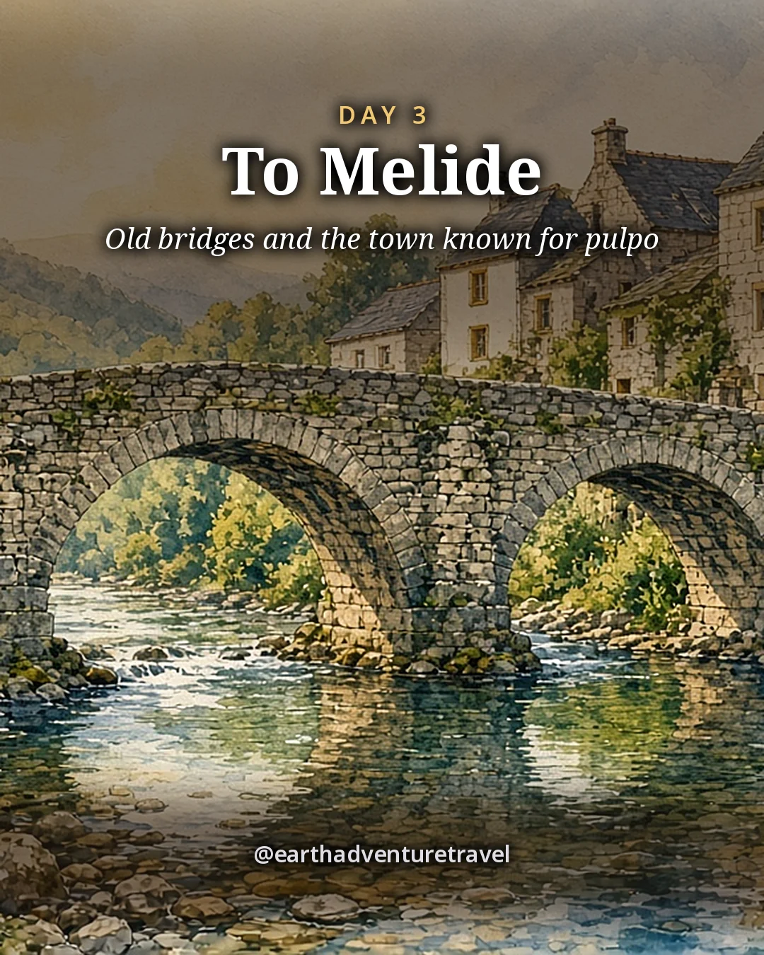 Illustration: a medieval stone bridge with several arches over a small clear river, stone houses beside it, illustrated day card for Day 3