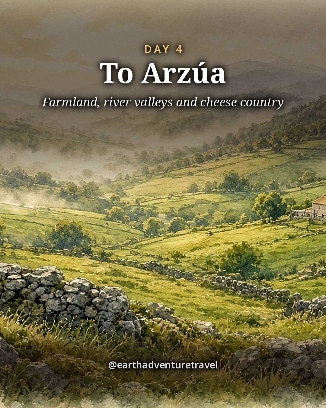 Illustration: rolling green dairy farmland, stone walls and small woods under soft morning mist, illustrated day card for Day 4