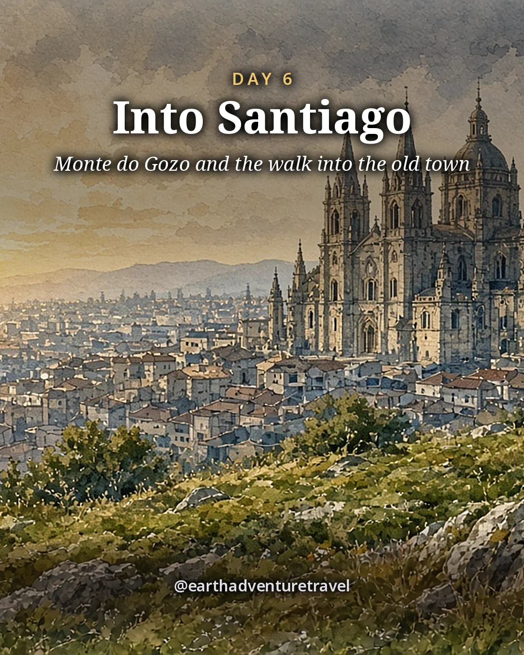 Illustration: a grassy hilltop view over a city with the distant spires of a great granite cathedral at sunrise, illustrated day card for Day 6