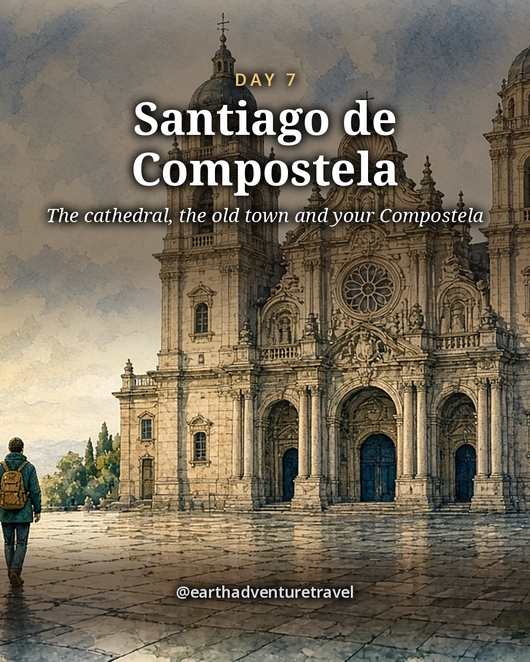 Illustration: a vast granite plaza before a baroque cathedral facade with twin towers in soft evening light, illustrated day card for Day 7