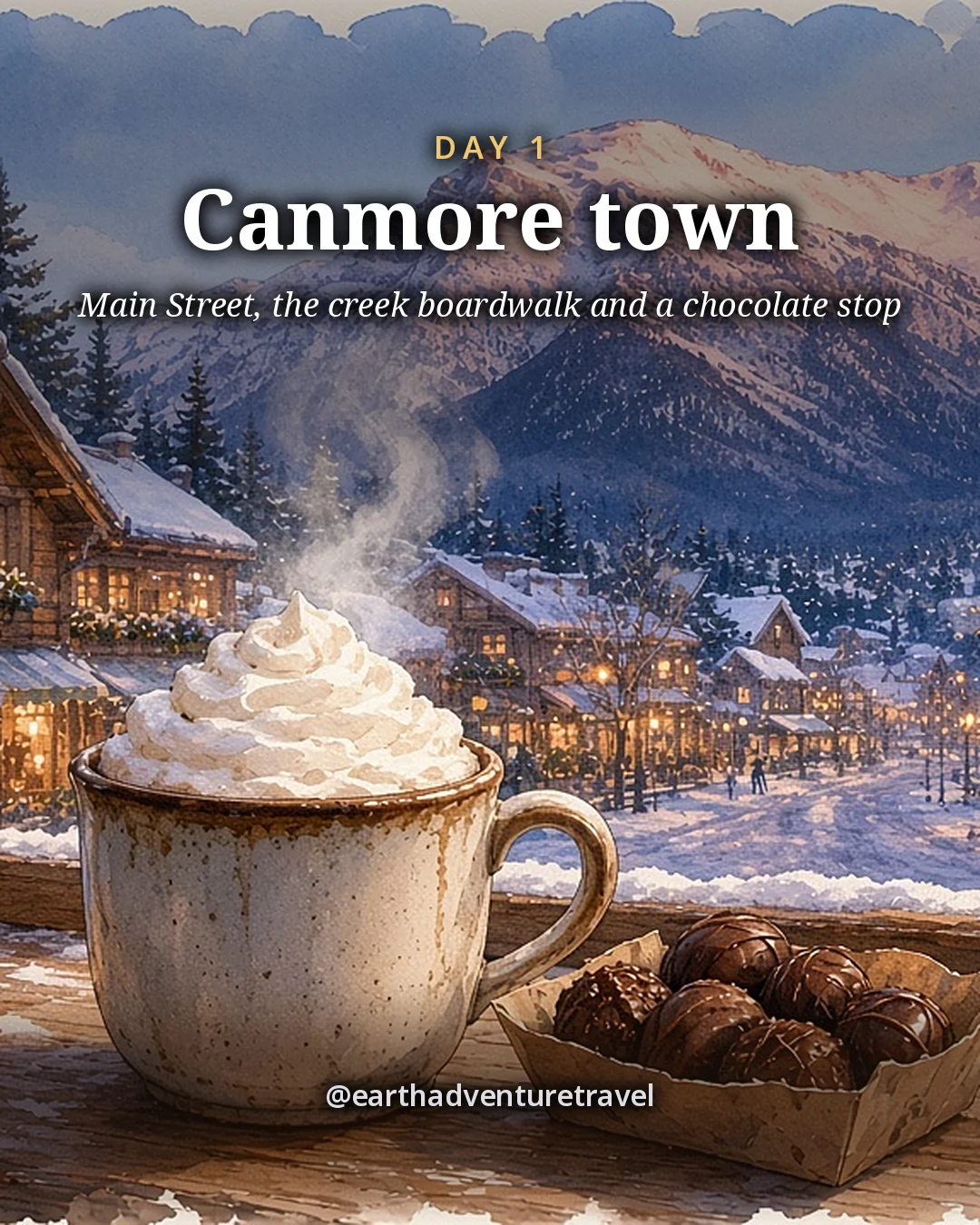 Illustration: a steaming mug of hot chocolate topped with cream and a basket of chocolates on a wooden ledge, with lit wooden storefronts of a mountain-town main street and a snowy peak behind at dusk, illustrated day card for Day 1