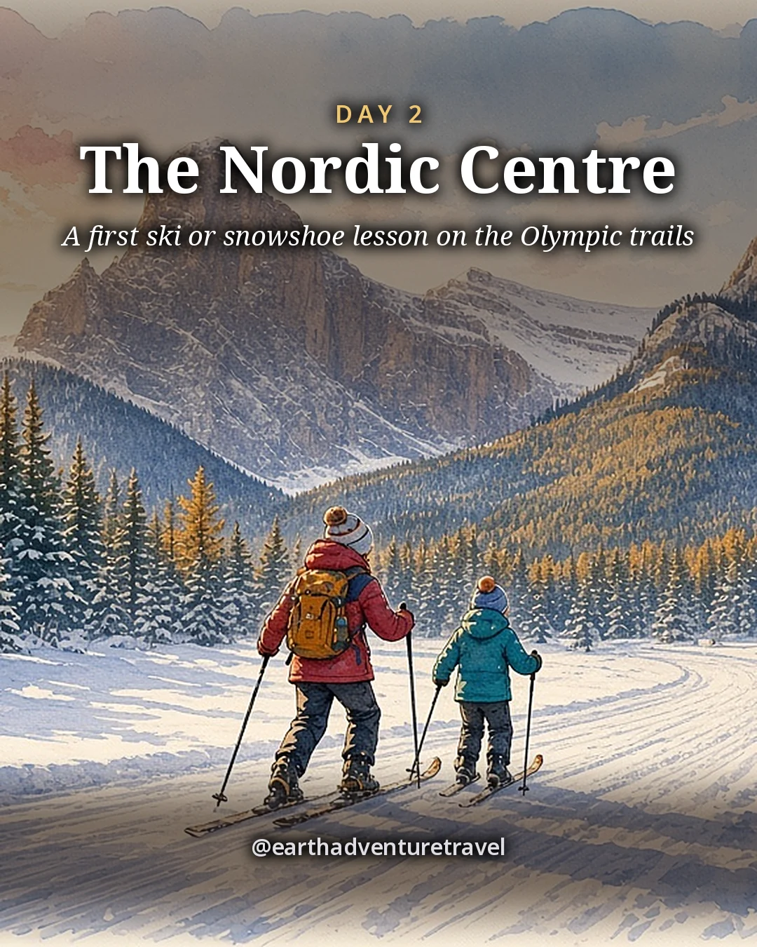 Illustration: two small cross-country skiers following an instructor along groomed tracks through snowy spruce, with rugged peaks behind in morning light, illustrated day card for Day 2