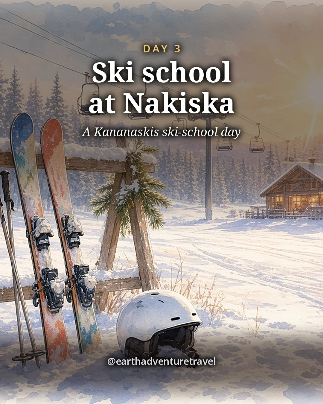 Illustration: small skis, poles and a child’s helmet leaning on a wooden rack in the snow, with a chairlift rising up a snowy slope and a low lodge behind, illustrated day card for Day 3