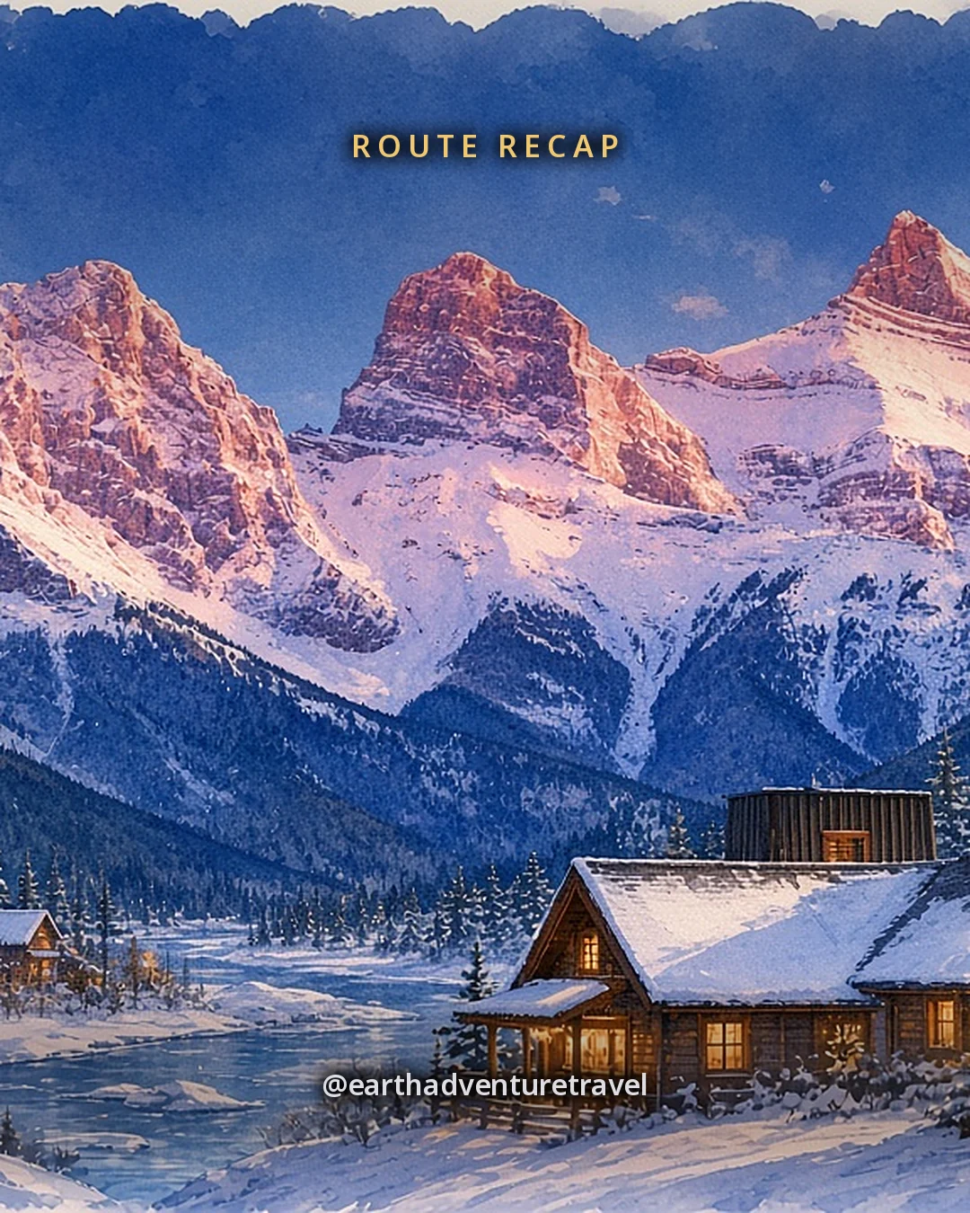 Illustration: three jagged peaks glowing pink at dusk above a small mountain town with lit windows, snowy roofs and a frozen river, original illustrated recap card