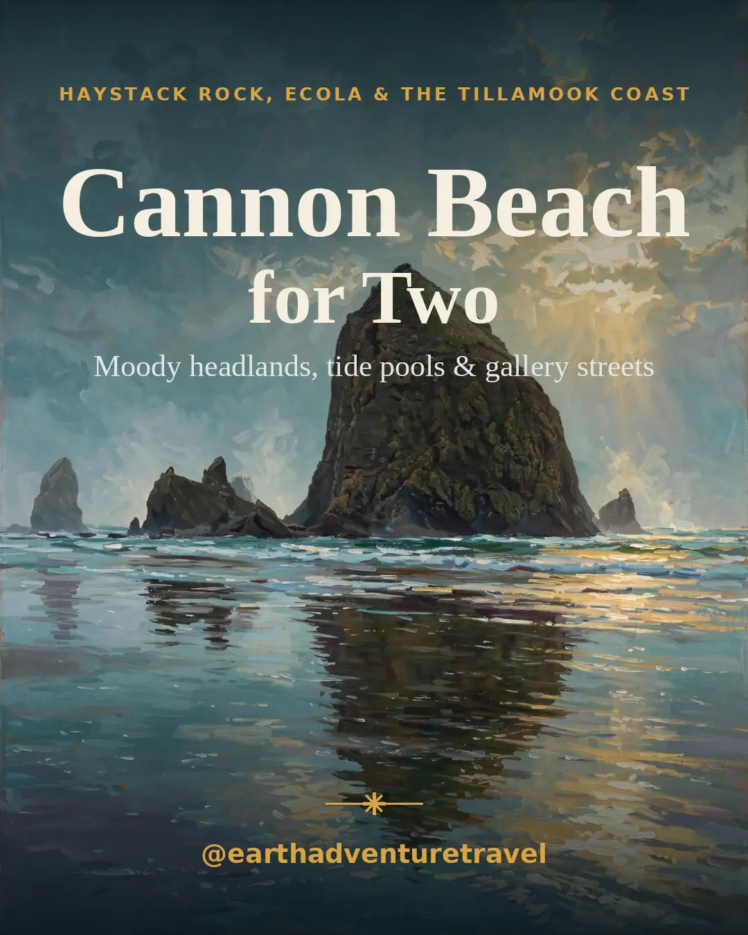 Illustrated Cannon Beach couples guide cover: Haystack Rock rising from the surf at dusk