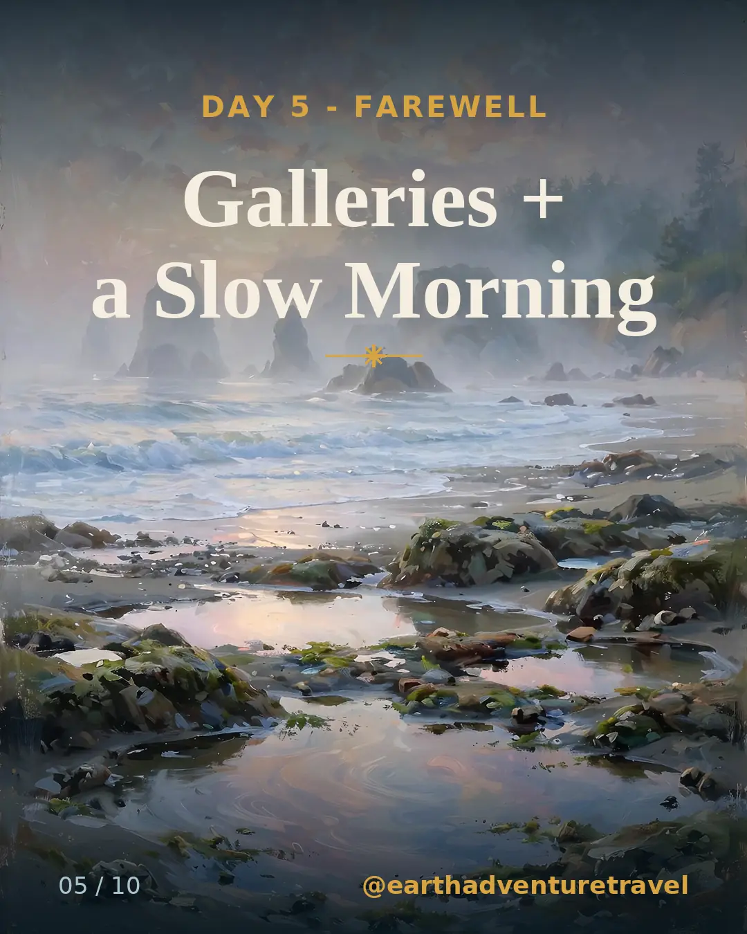 Day 5 graphic: a quiet foggy morning on Cannon Beach