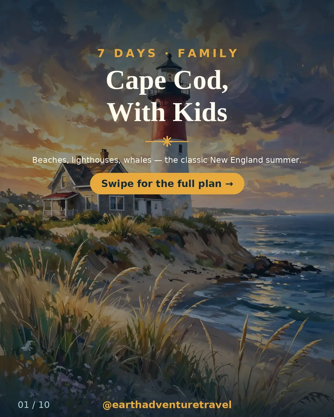 Illustrated Cape Cod family guide cover: Nauset Lighthouse at golden hour