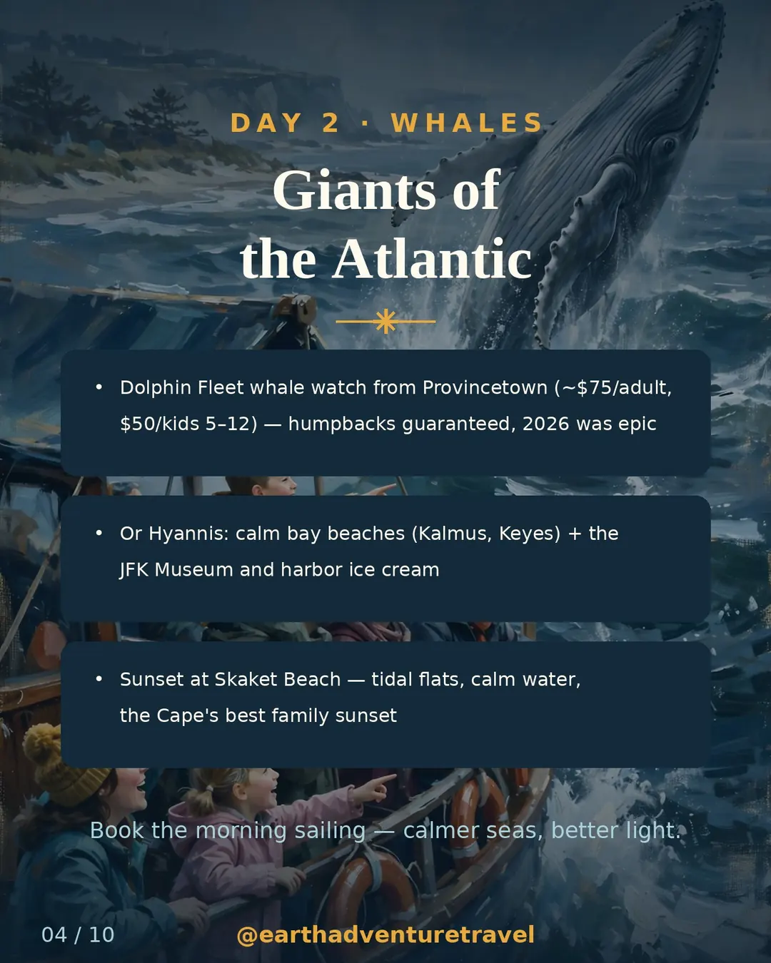 Day 2 itinerary slide: whale watching from Provincetown