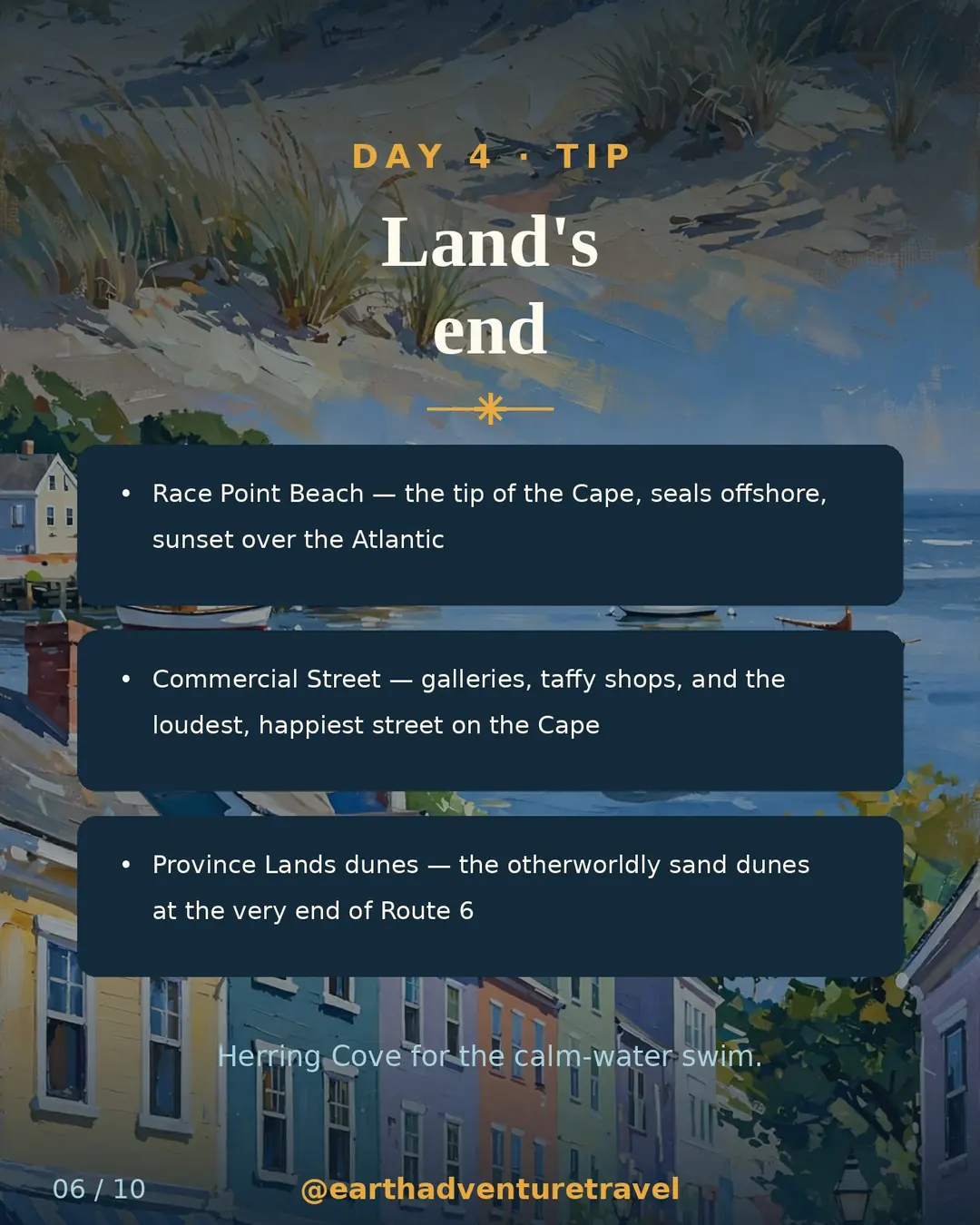Day 4 itinerary slide: Race Point, Commercial Street, dunes