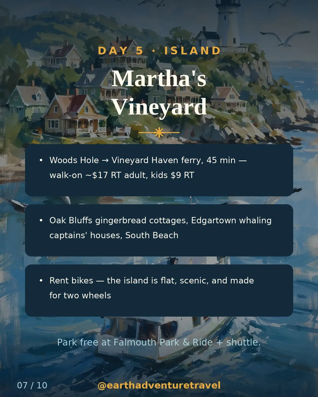 Day 5 itinerary slide: Martha's Vineyard ferry day trip