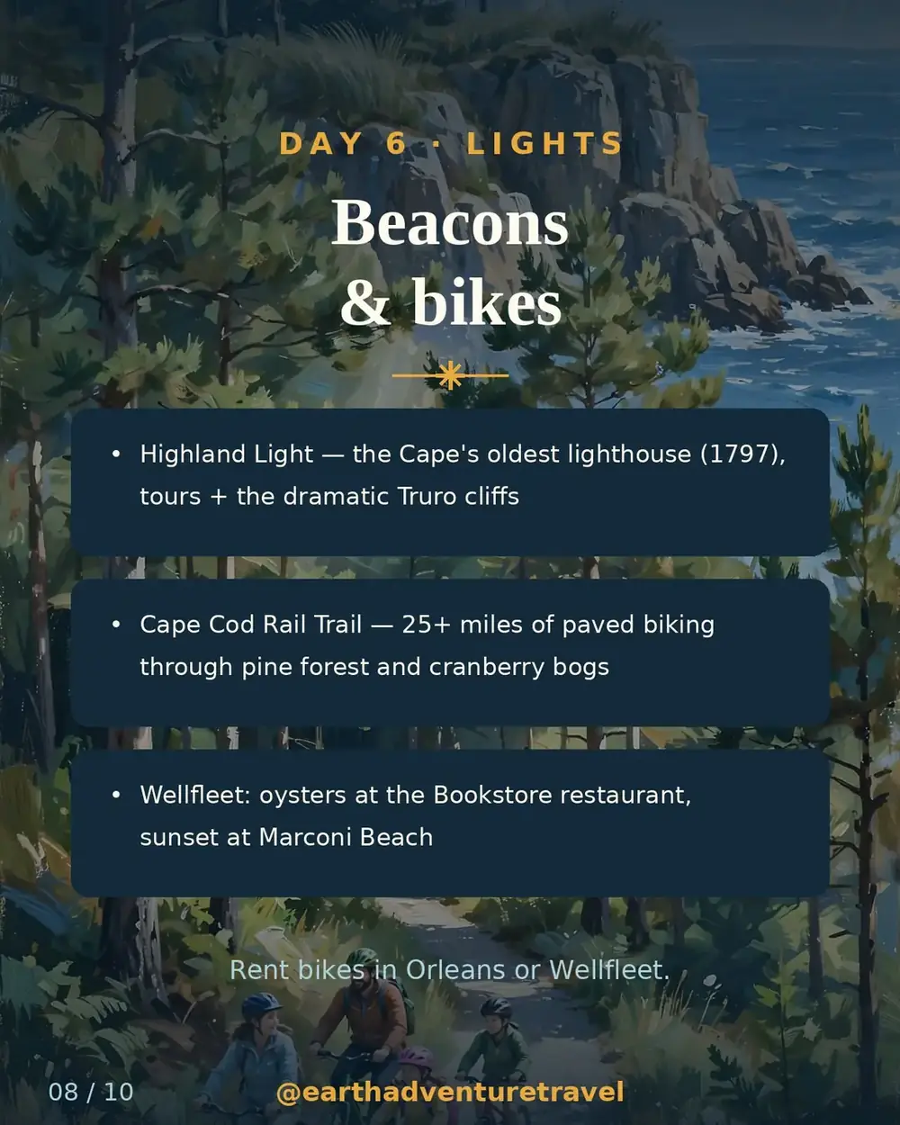 Day 6 itinerary slide: Highland Light and Cape Cod Rail Trail