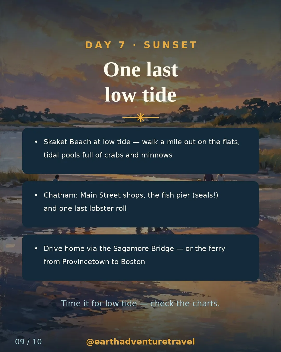 Day 7 itinerary slide: Skaket Beach low tide and Chatham