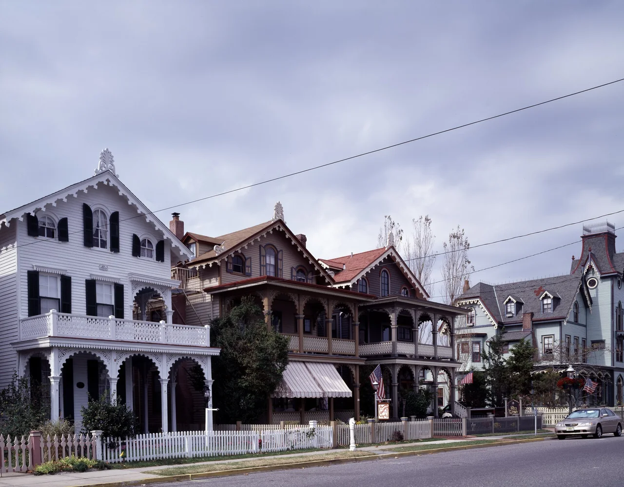 Victorian cottages on a street in Cape May, New Jersey