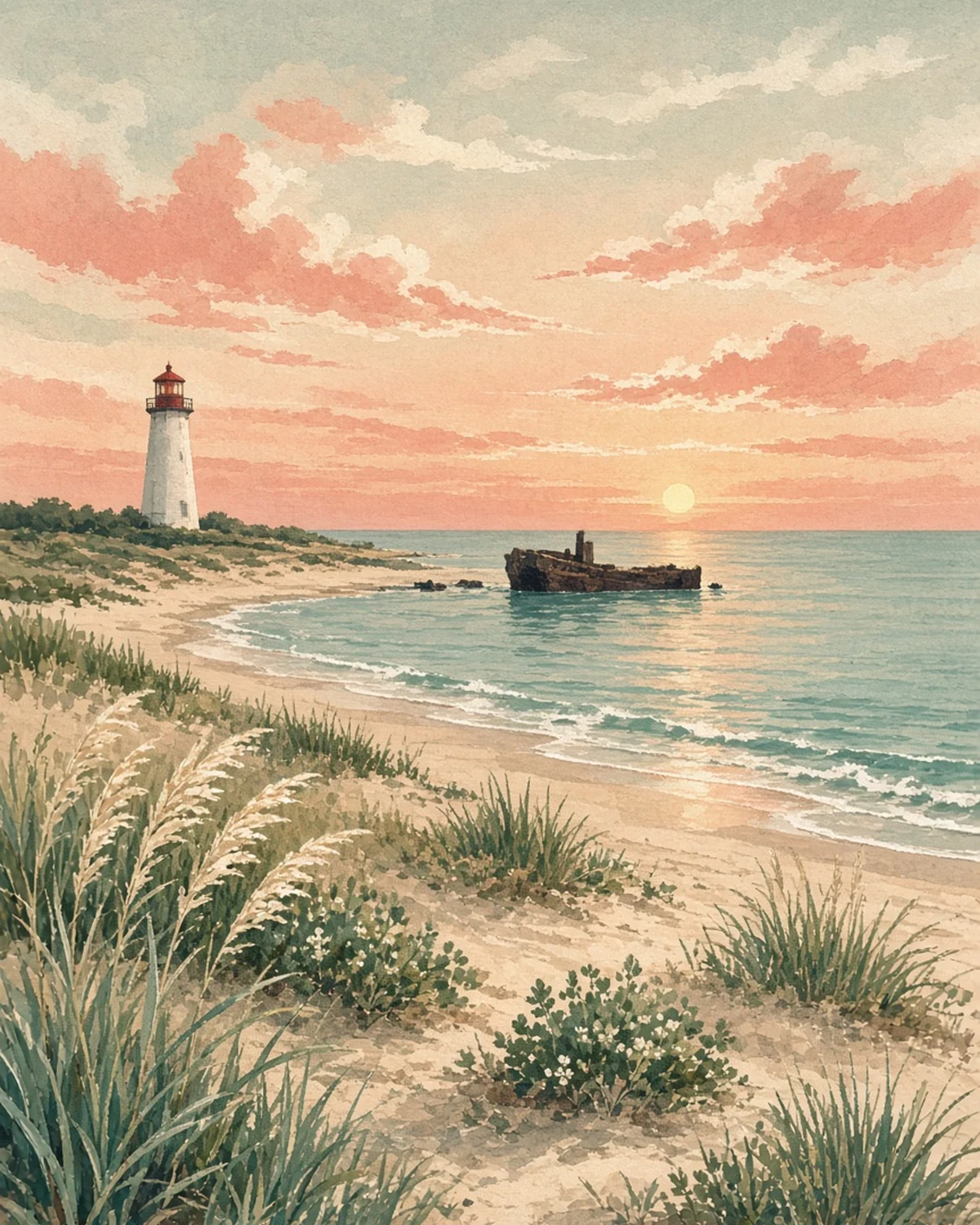 Illustrated day card: Lighthouse, marsh and a sunset ship